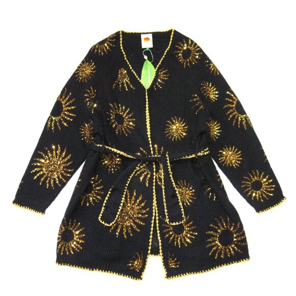 FARM Rio Sweaters - NWT Farm Rio Sun Sequin Cardigan in Sunny Mood Black Belted Long Knit Sweater M